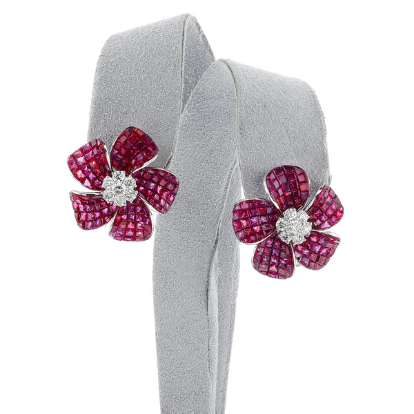 Invisible-Set Ruby and Diamond Flower Cocktail Earrings, 18k