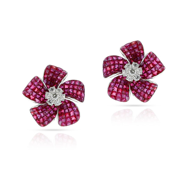 Invisible-Set Ruby and Diamond Flower Cocktail Earrings, 18k