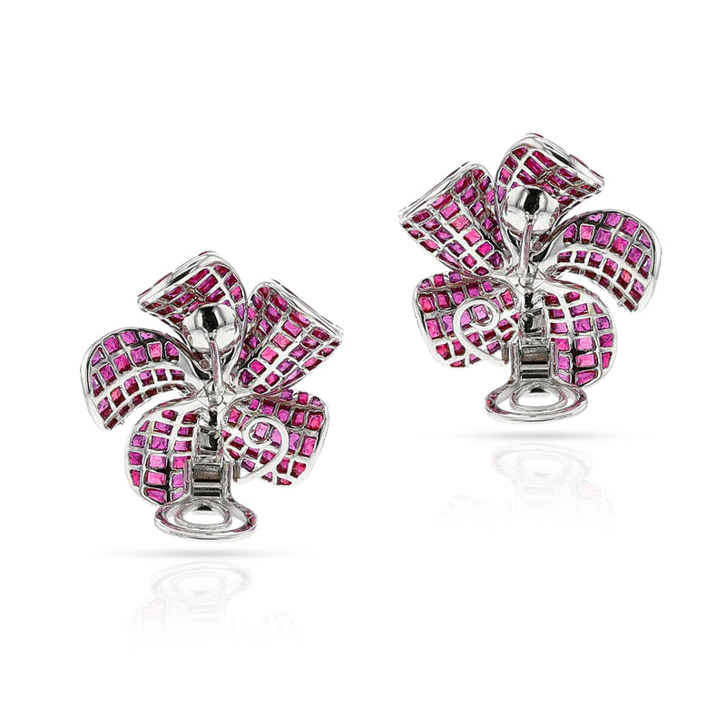 Invisible-Set Ruby and Diamond Flower Cocktail Earrings, 18k