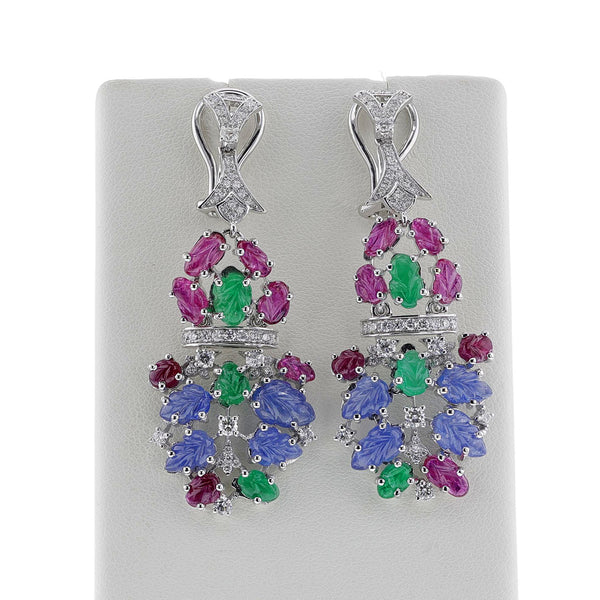 Carved Ruby, Emerald, Sapphire and Diamond Dangling Earrings, 18k