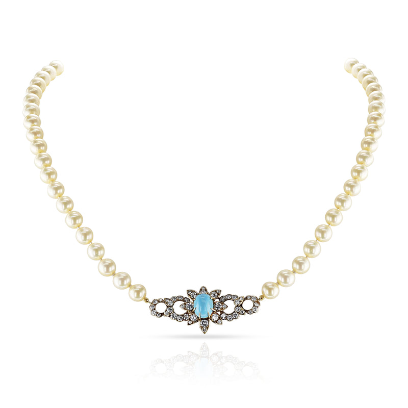 M. Gérard Paris Turquoise, Pearl, & Diamond, 18k Earrings + Necklace Set