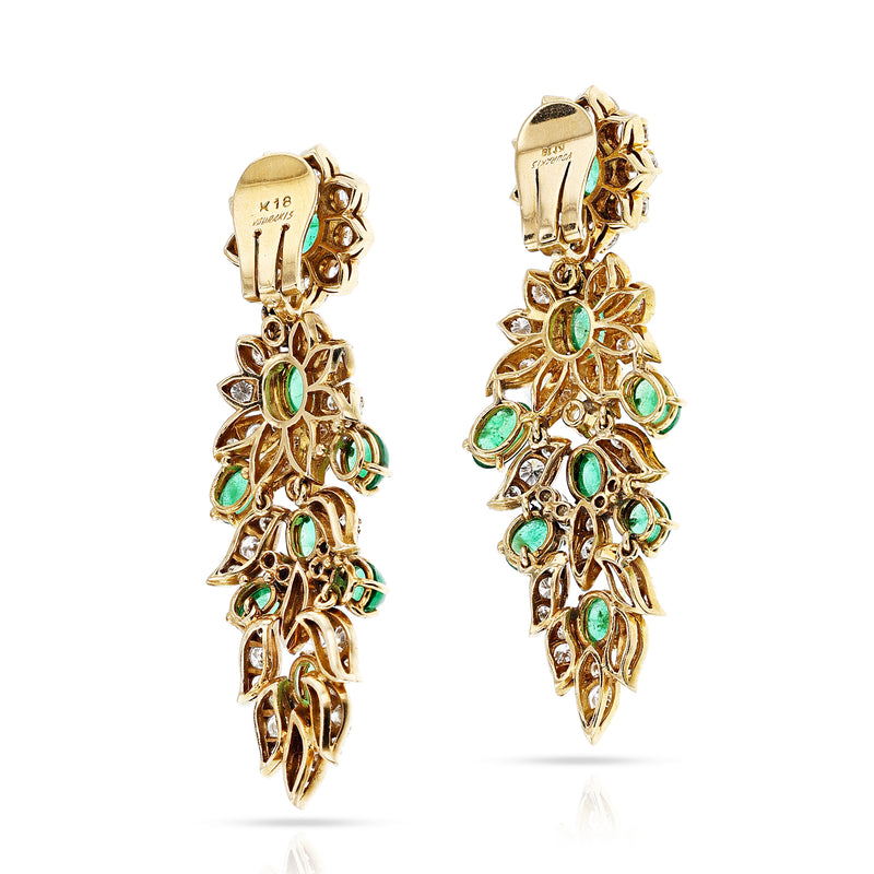 Vintage Vourakis Emerald and Diamond 18K Yellow Gold Dangle Earrings