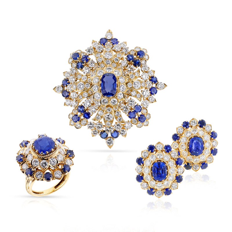 Vourakis Certified Unheated Sapphire and Diamond Earrings, Brooch, and Ring Suite 18k