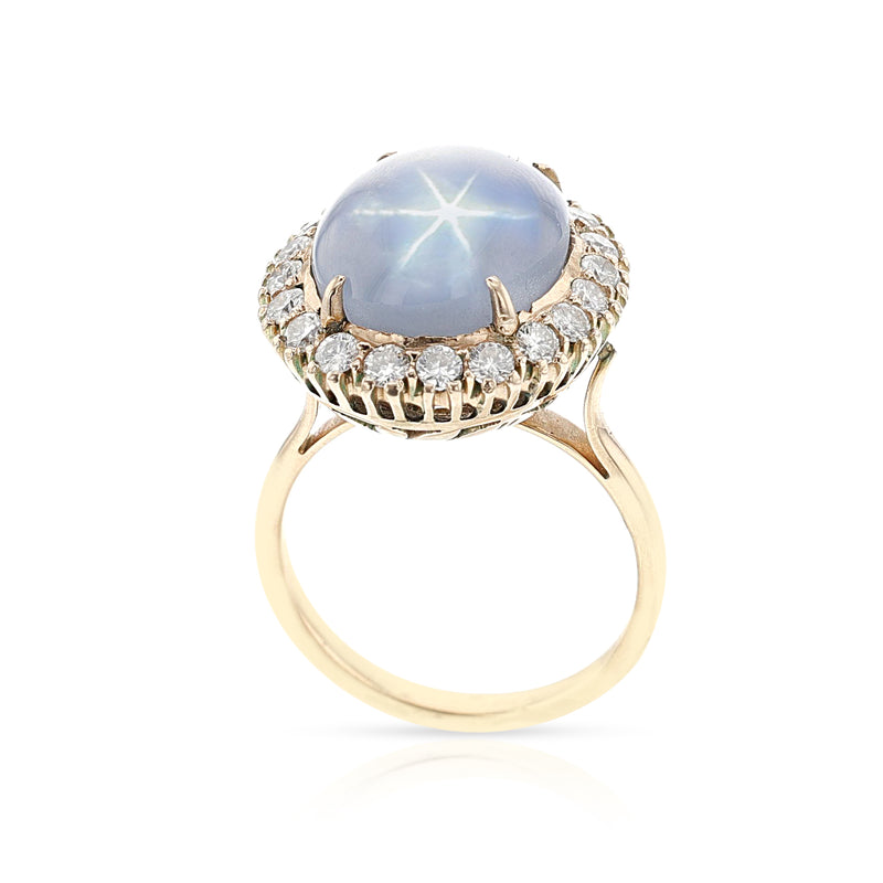 Star Sapphire Cabochon and Diamond Halo Ring, Gold