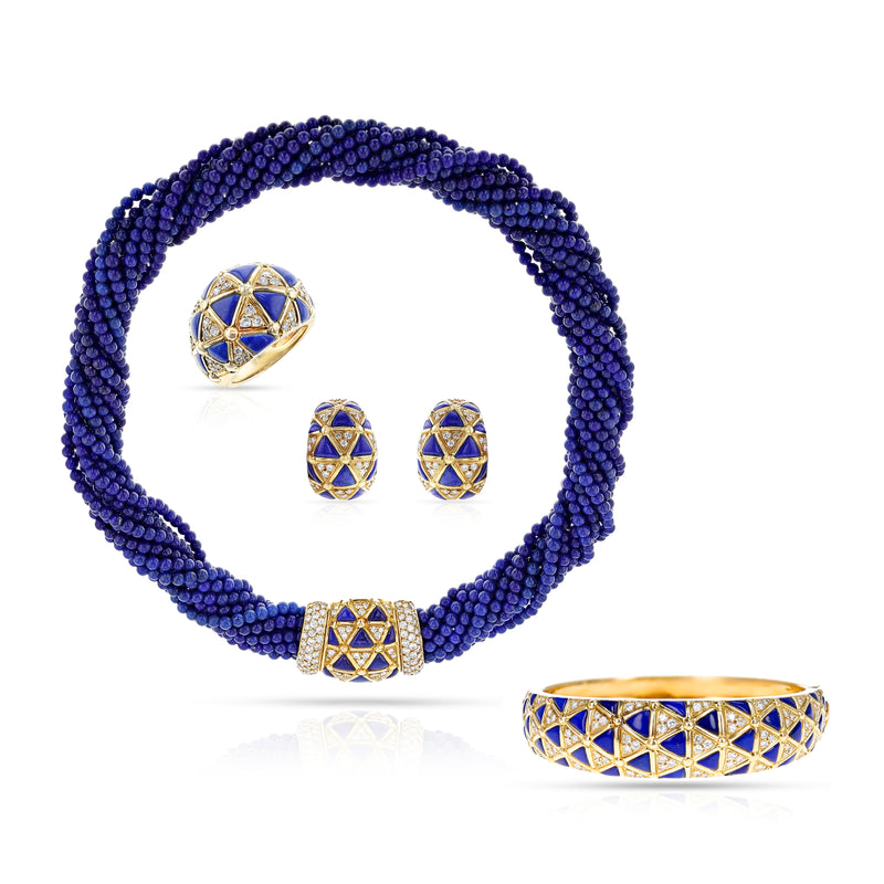 Van Cleef & Arpels French Lapis Lazuli & Diamond Necklace, Earring, Ring, Bangle