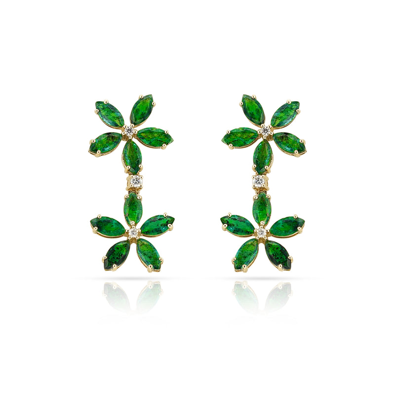 Double Floral Marquise Emerald and Diamond Dangling Earrings, 14K