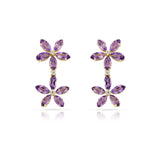 Double Floral Marquise Amethyst and Diamond Dangling Earrings, 14K