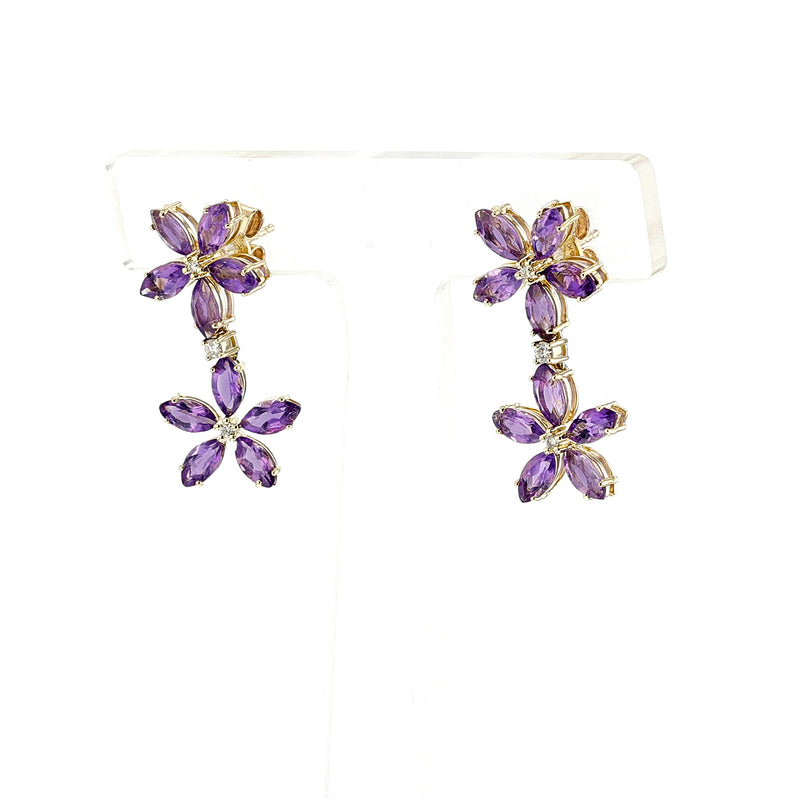 Double Floral Marquise Amethyst and Diamond Dangling Earrings, 14K