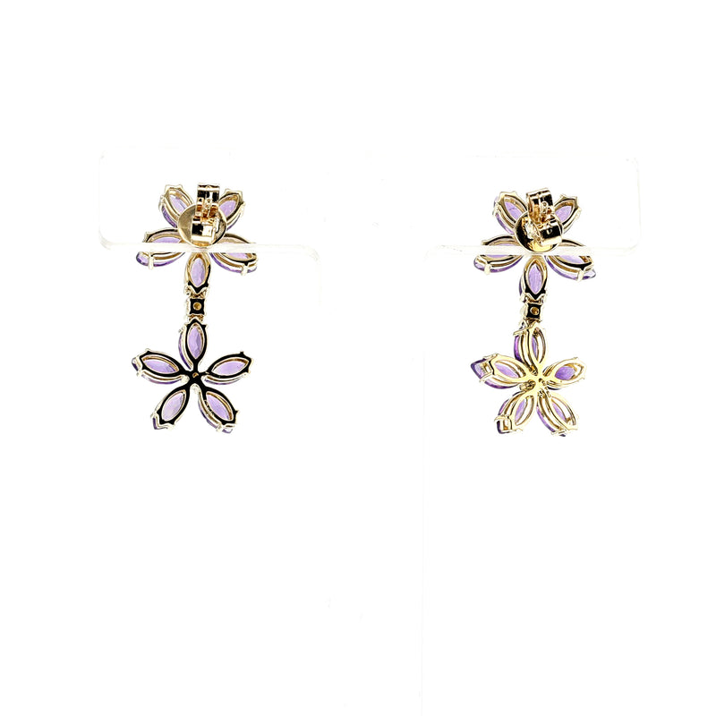 Double Floral Marquise Amethyst and Diamond Dangling Earrings, 14K