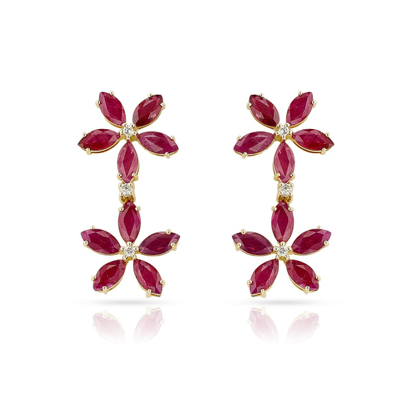 Double Floral Marquise Ruby and Diamond Dangling Earrings, 14K