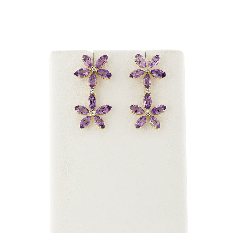 Double Floral Marquise Amethyst and Diamond Dangling Earrings, 14K