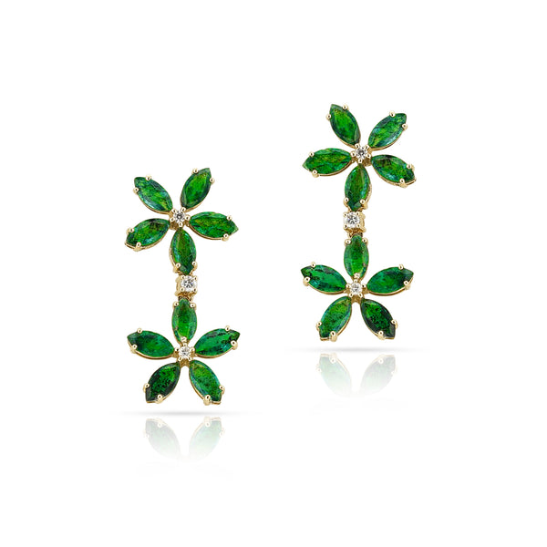 Double Floral Marquise Emerald and Diamond Dangling Earrings, 14K