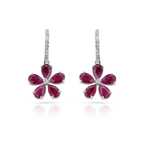 Floral Pear Ruby and Diamond Dangling Hoop Earrings, 14k White Gold