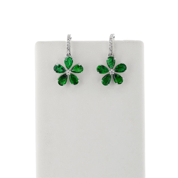 Floral Pear Emerald and Diamond Dangling Hoop Earrings, 14k White Gold