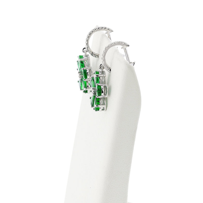 Floral Pear Emerald and Diamond Dangling Hoop Earrings, 14k White Gold