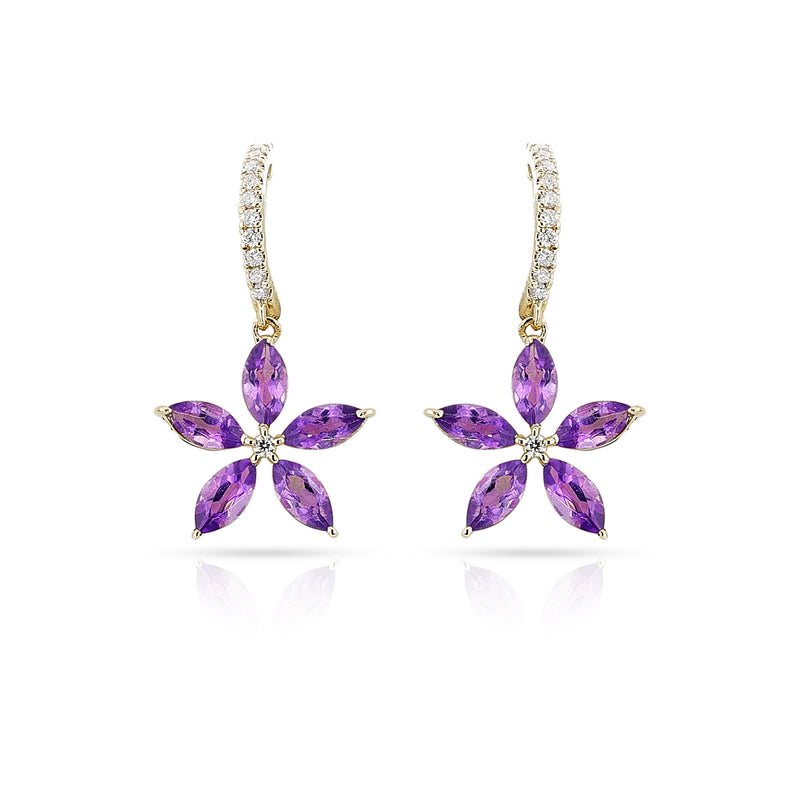 Floral Marquise Amethyst and Diamond Dangling Hoop Earrings, 14k Yellow Gold
