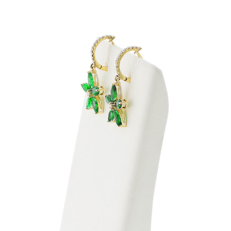 Floral Marquise Emerald and Diamond Dangling Hoop Earrings, 14k White Gold