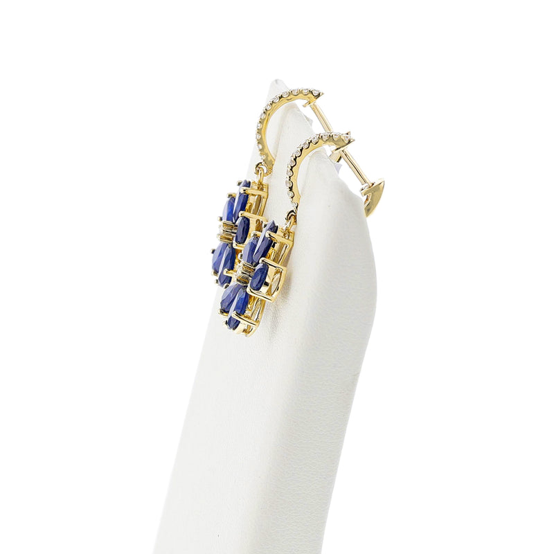Floral Pear Blue Sapphire and Diamond Dangling Hoop Earrings, 14k White Gold
