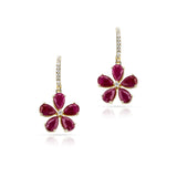 Floral Pear Ruby and Diamond Dangling Hoop Earrings, 14k Yellow Gold