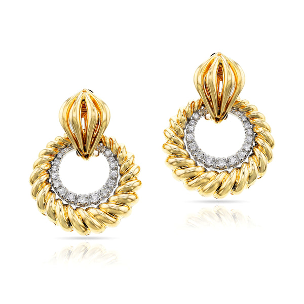 Day and Night Rope-work Gold and Diamond Dangling Circle Earrings, 14k