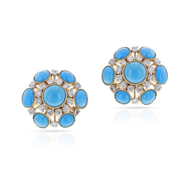 Cartier Turquoise Cabochon and Diamond Earrings
