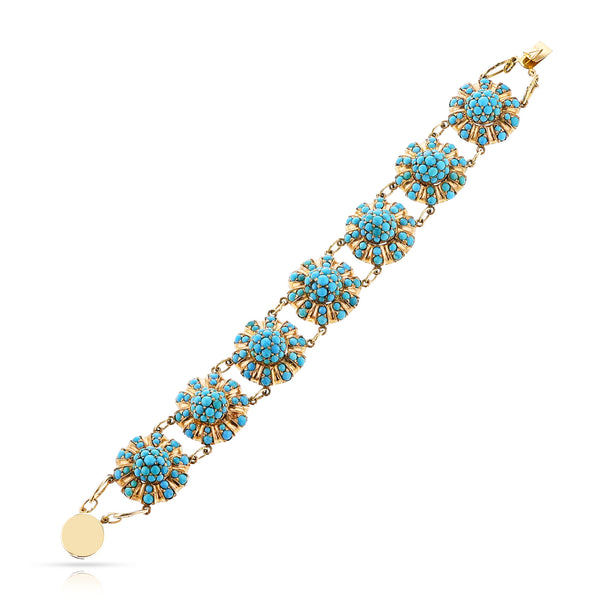 Antique Turquoise Flower Bracelet, 14k