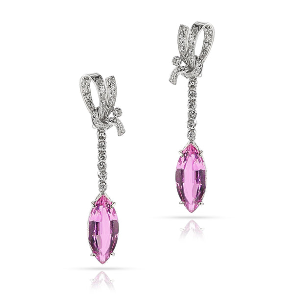 Art Deco AGL Certified Natural Marquise Pink Topaz and Diamond Earrings, Platinum