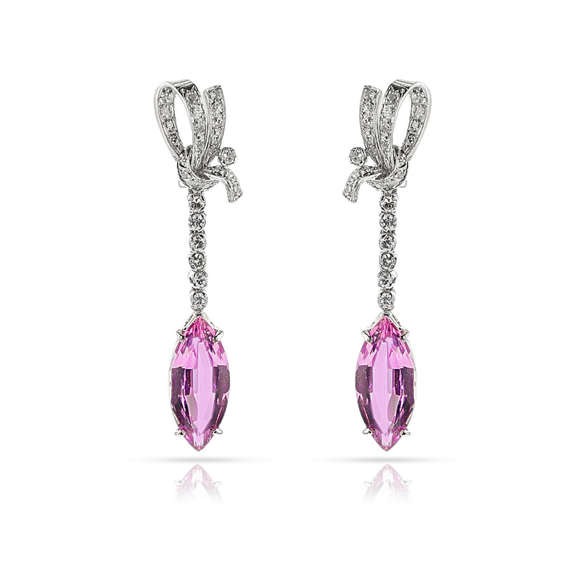 Art Deco AGL Certified Natural Marquise Pink Topaz and Diamond Earrings, Platinum