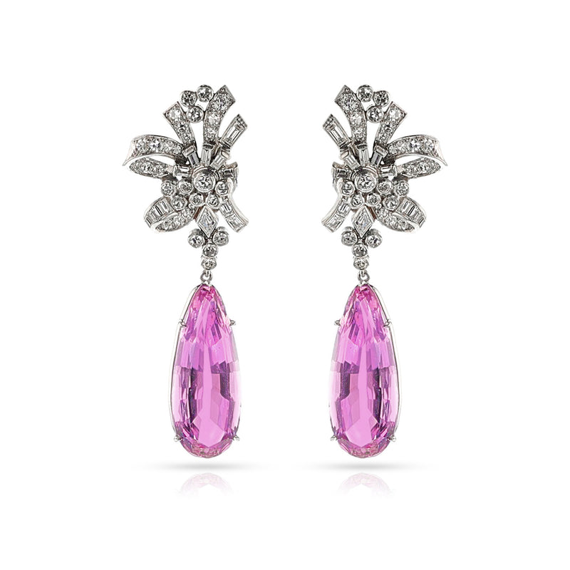 Art Deco AGL Certified Natural Pear Pink Topaz and Diamond Earrings, Platinum