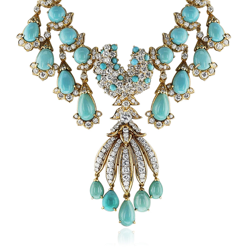 Turquoise and Diamond Fringe Necklace, Detachable Brooch, 18k