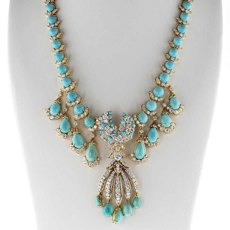 Turquoise and Diamond Fringe Necklace, Detachable Brooch, 18k