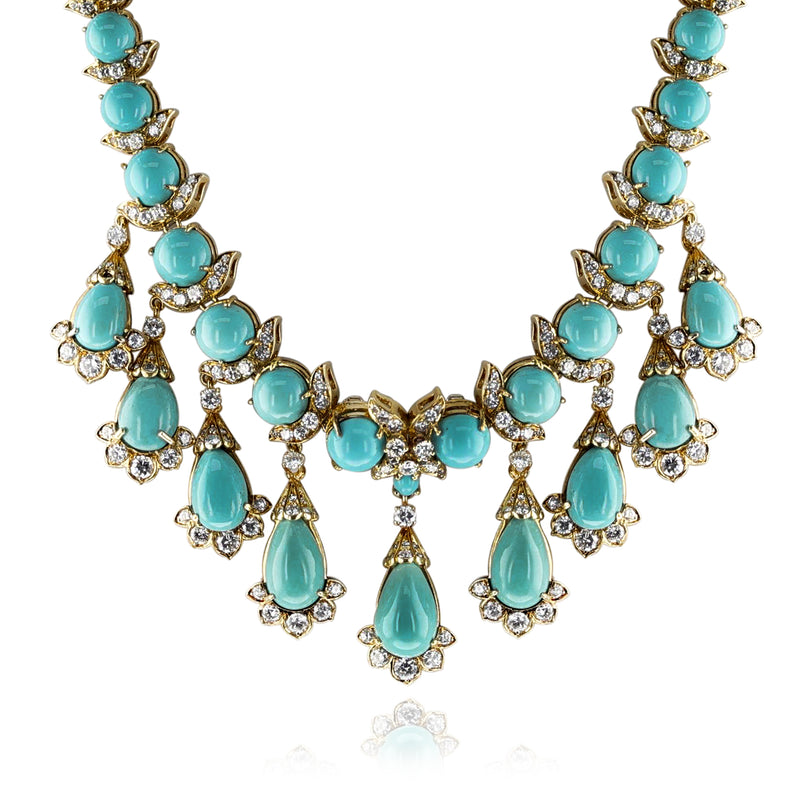 Turquoise and Diamond Fringe Necklace, Detachable Brooch, 18k
