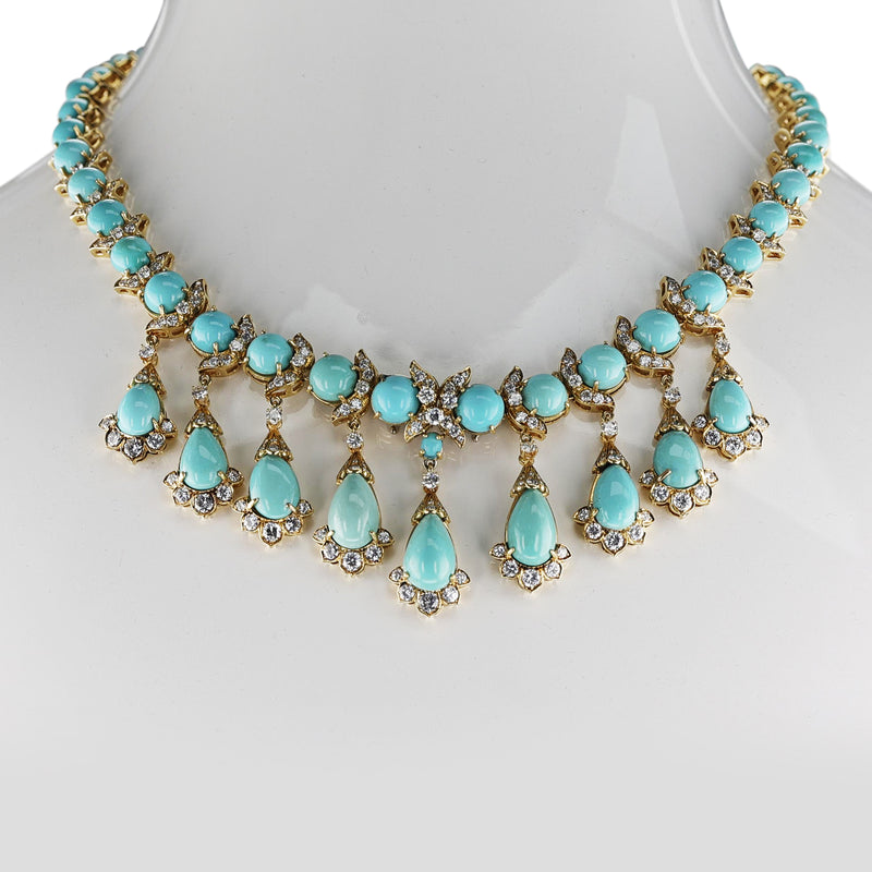 Turquoise and Diamond Fringe Necklace, Detachable Brooch, 18k