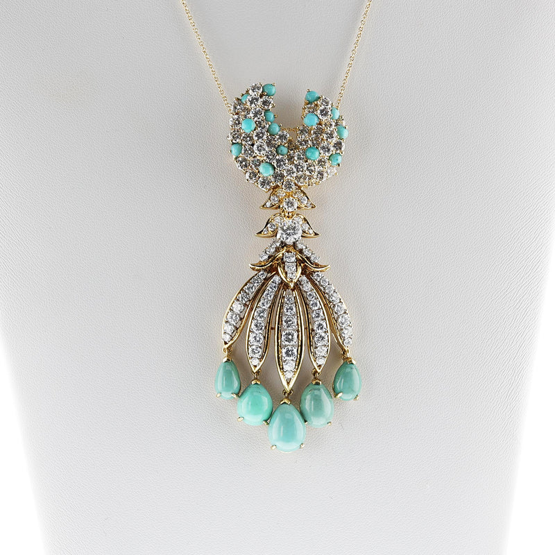 Turquoise and Diamond Fringe Necklace, Detachable Brooch, 18k