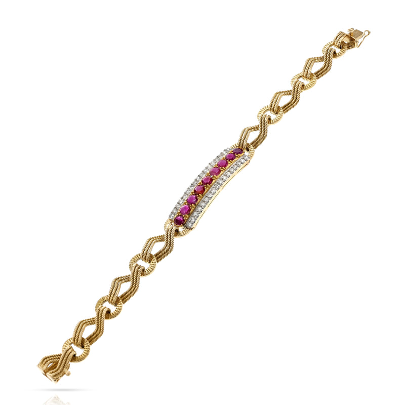 Natural Unheated Burma Ruby and Diamond 18K Yellow Gold Bracelet