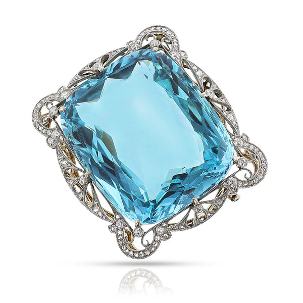 AGL Certified Natural 124.42 ct. Aquamarine and Diamond Brooch, Circa 1900s