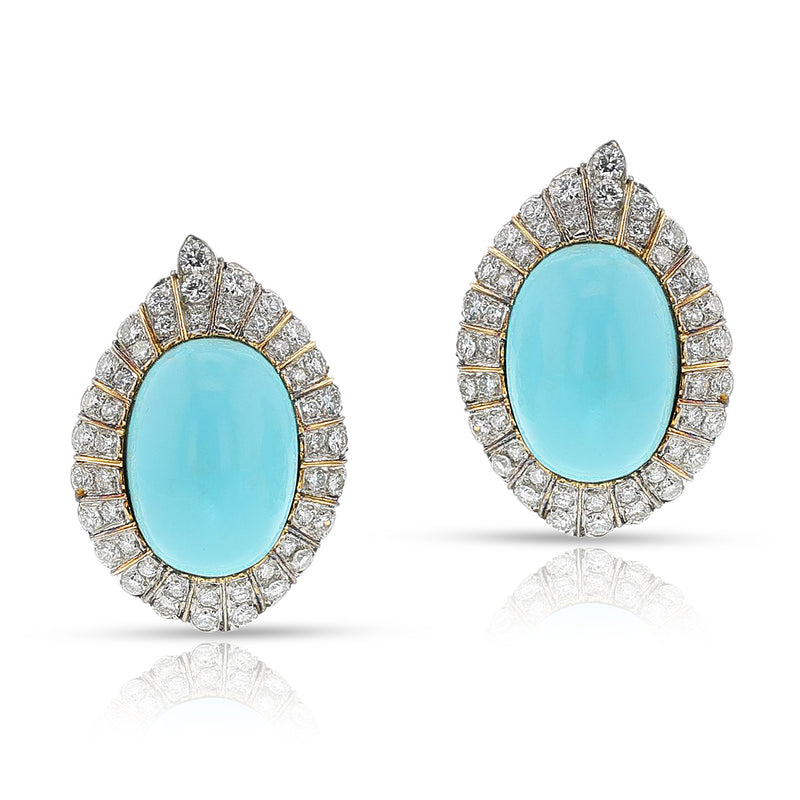 GIA Certified Natural Turquoise Cabochon and Diamond Earrings 18k DDeco Jewels