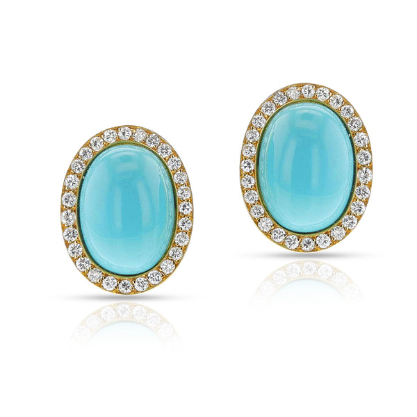 Large Turquoise Cabochon and Diamond Earrings, 18k