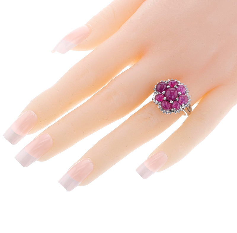 Ruby Cabochon and Diamond Cluster Ring, Platinum