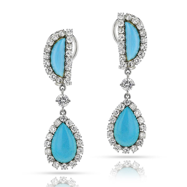 Turquoise and Diamond Dangling Earrings, 14k