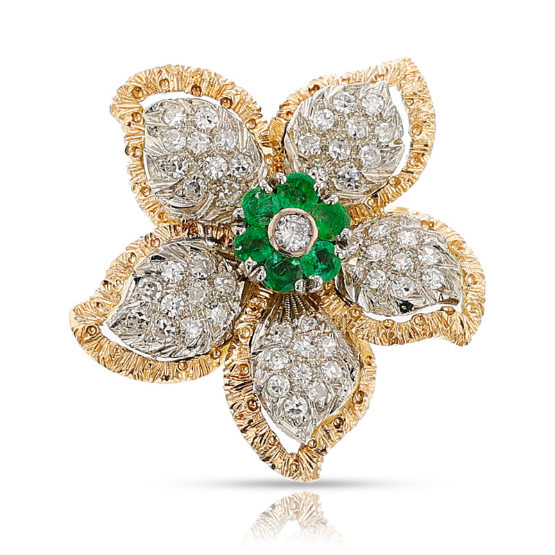 Floral Diamond and Emerald Earring, Ring, Pendant Set, 18k