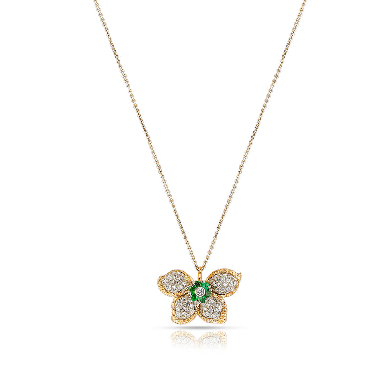 Floral Diamond and Emerald Earring, Ring, Pendant Set, 18k