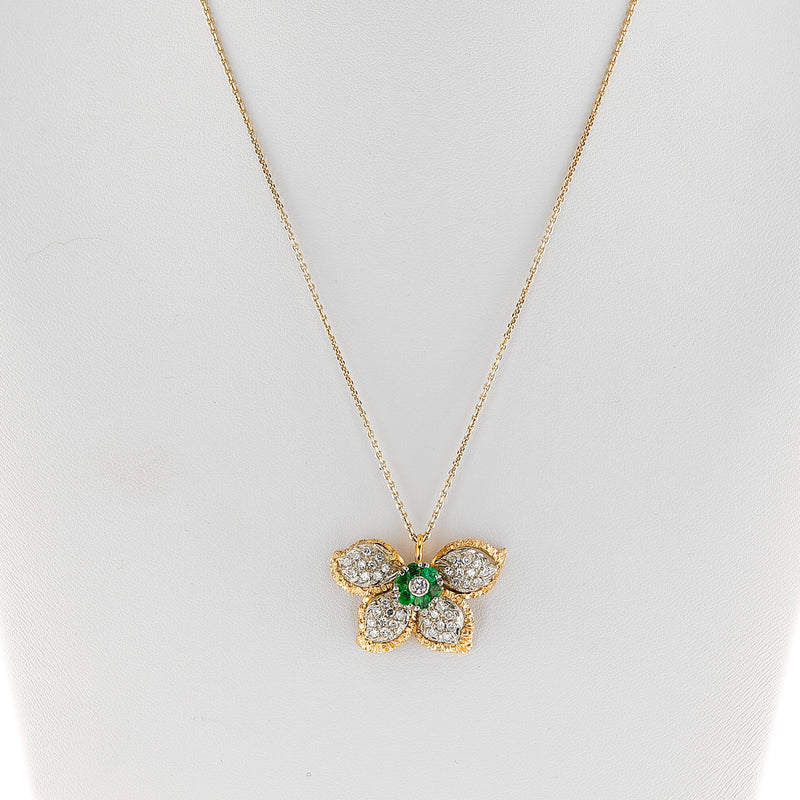 Floral Diamond and Emerald Earring, Ring, Pendant Set, 18k