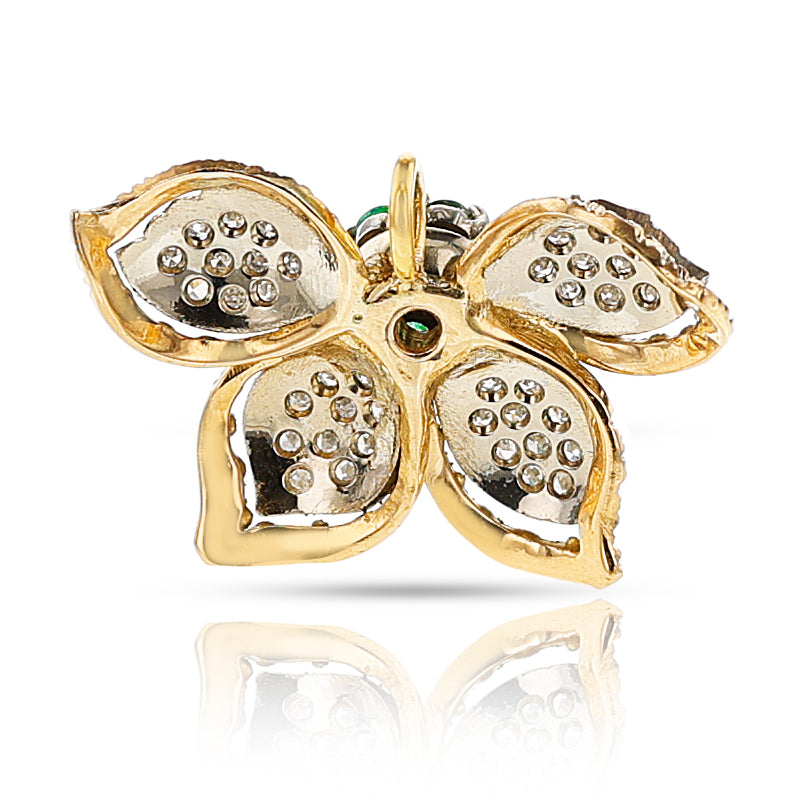 Floral Diamond and Emerald Earring, Ring, Pendant Set, 18k