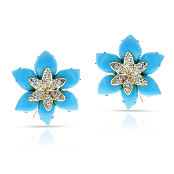 GIA Certified Natural Turquoise Floral Earrings with Diamonds, 18k