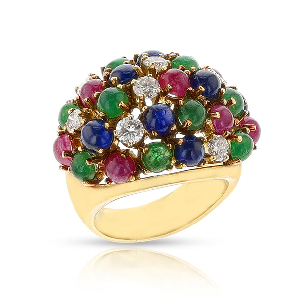 Emerald, Sapphire, Ruby Cabochon and Diamond Bombe Ring, 18k
