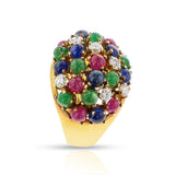 Emerald, Sapphire, Ruby Cabochon and Diamond Bombe Ring, 18k