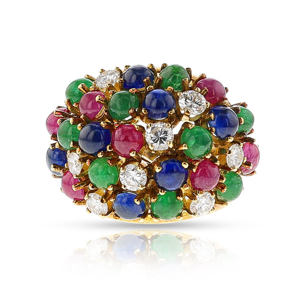 Emerald, Sapphire, Ruby Cabochon and Diamond Bombe Ring, 18k