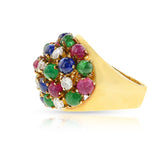 Emerald, Sapphire, Ruby Cabochon and Diamond Bombe Ring, 18k