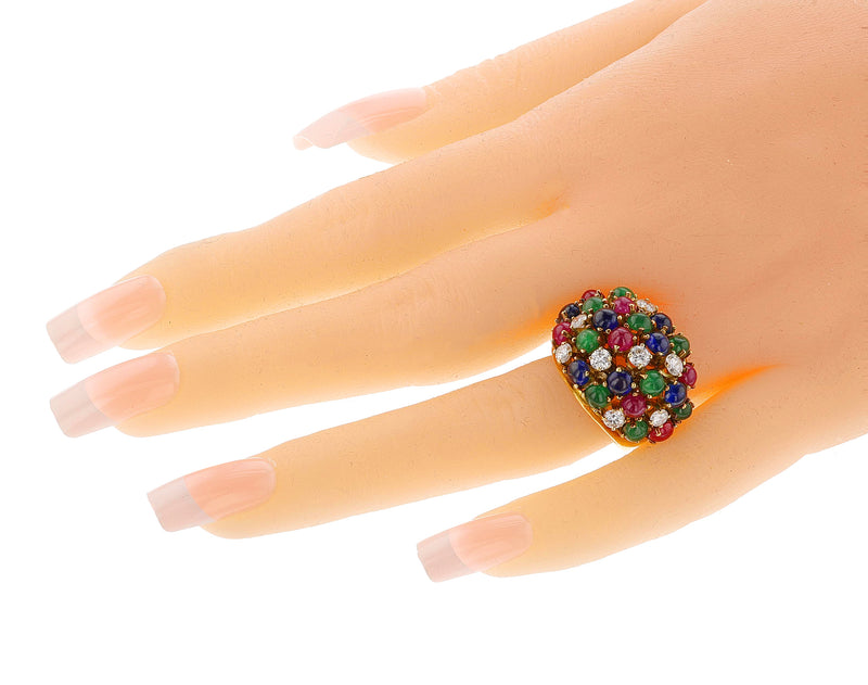 Emerald, Sapphire, Ruby Cabochon and Diamond Bombe Ring, 18k